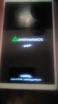 The postmarketOS "Loading..." screen on a Samsung Galaxy Tab A7 Lite