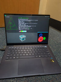 An HP EliteBook Ultra G1q with Sway. fastfetch, vkcube, and glxgears are all shown.