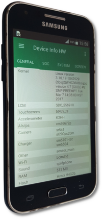 Samsung Galaxy J1 on stock ROM with Device Info HW app open